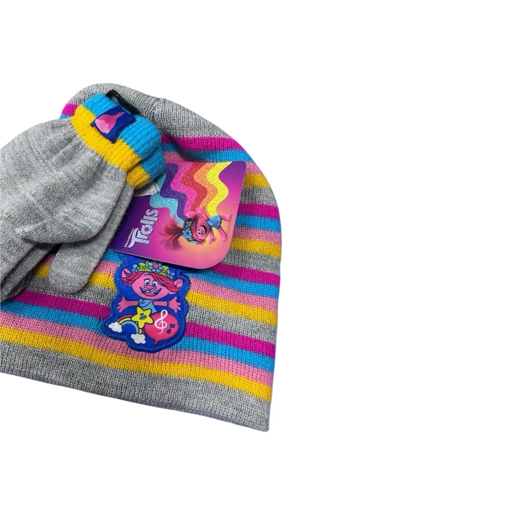 Girls Berkshire Trolls Striped Beanie and Gloves Set One Size